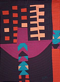 art quilt by Joy-Lily, 'Urban Totem'; orange and blue grid.